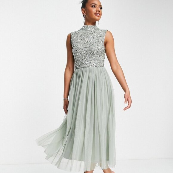 Beauut Embellished Midi Dress With Full Tulle Skirt In Sage-Green 6 - Picture 1 of 16